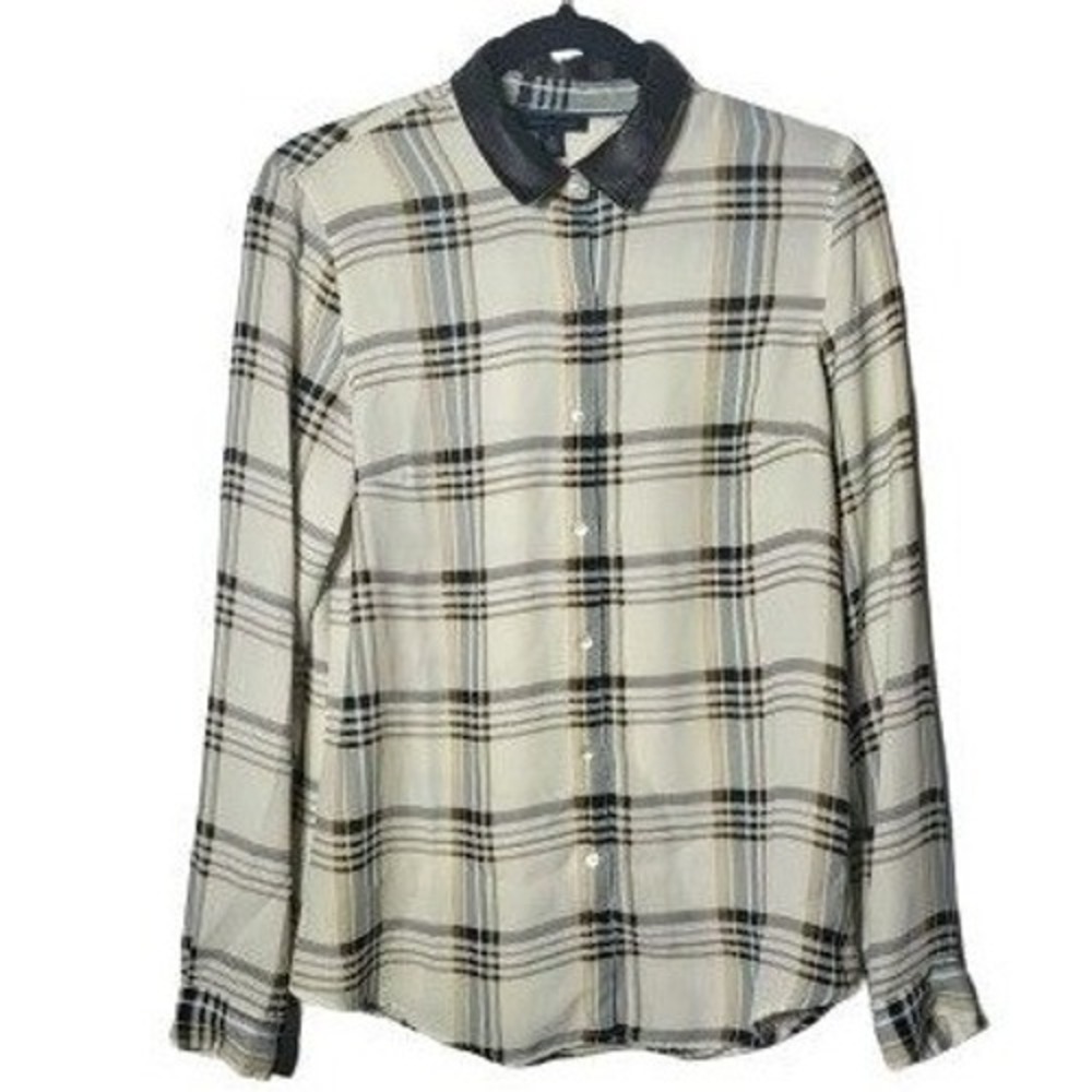 Tommy Hilfiger Womens Silky Plaid Button-Down Faux Leather Collar Shirt Medium